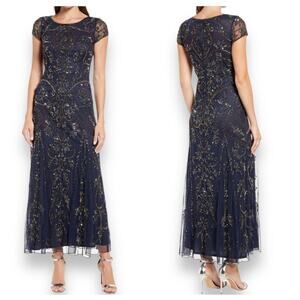 Pisarro Nights Beaded Mesh Midi Dress Navy 16 NWT